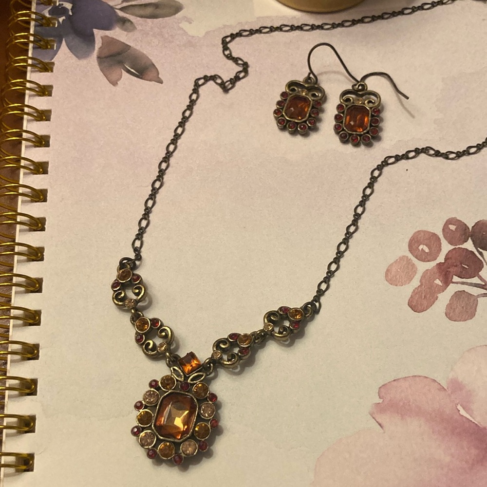 Vintage Amber Stone Necklace and Earring Set